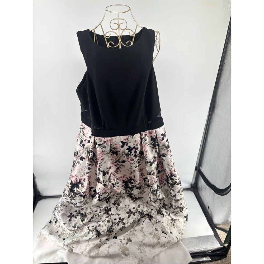 Xscape Long Sleeveless Dress Black Floral Satin Bottom Side Mesh Plus size 18W